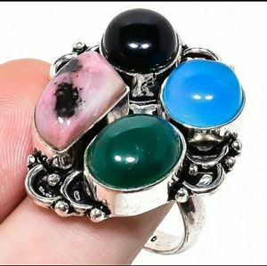 New Rhodochrosite, Chalcedony, Green and Black Onyx 925 Silver Ring.